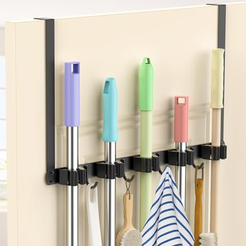 DegMongee Aluminum Alloy Broom Holder Wall Mount, Black, 1Pcs, Hanging, Drill-Free, Anti-Scratch, 30 Pounds Weight Capacity, For Kitchen Cleaning Tools