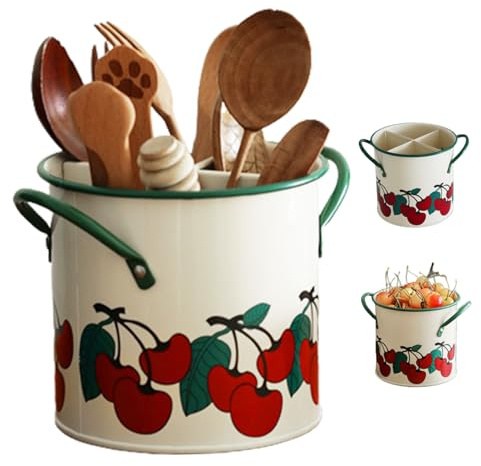 Hibycknl Portautensili da cucina vintage dipinto con ciliegia, con divisore staccabile, 4 scomparti, organizer per utensili in ferro con foro di scarico, accessorio da cucina per cucina