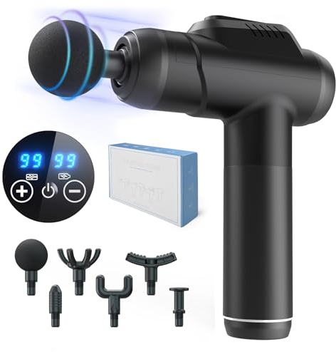 Massagepistole, Muskel Percussion Massagegerät mit 99 Geschwindigkeiten, Leises Handmassagegerät mit LCD Touchscreen & 6 Köpfen Massage Gun für Schulter, Körper & Rückenentspannung