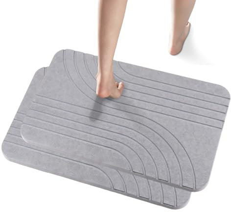 muzha 2 Pack Diatomaceous Earth Shower Mat, Stone Bath Mat, Nonslip Super Absorbent Fast-Drying Hard Bath Mat for Bathroom Shower Floor, 24 x 16 inch, Grey Line Pattern