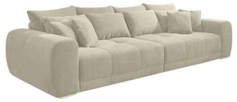 Big Sofa XXL 306 cm x 134 cm, bequeme Lounge Couch mit hochwertiger Federkernpolsterung, viele Kissen, Liegefläche 120 cm x 240 cm, modischer Cord-Bezug in Beige Grau / 15173