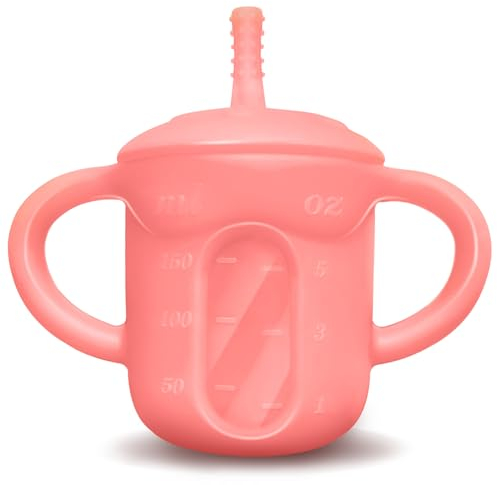 OXTXO Vaso de aprendizaje de silicona para bebés desde 6 meses, taza blanda a prueba de derrames con pajita y tapa, marcas de medición, agarre fácil