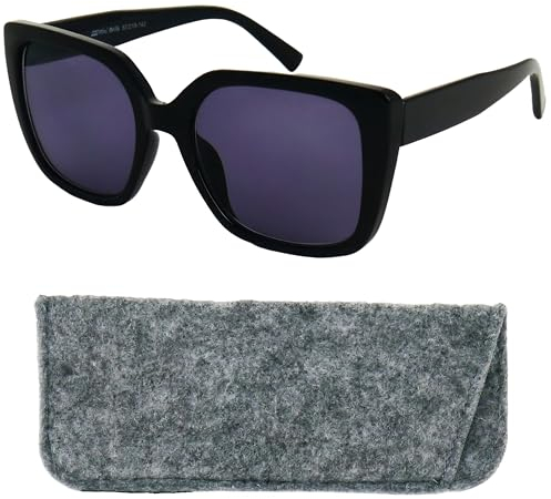 Stylisch Schmetterling Sonnenbrille Damen mit Sehstärke, Kunststoff Brillengestell mit (Schwarz) und großen Gläsern, Gratis Etui, Lesesonnenbrille +1.5 Dioptrien