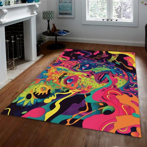 UERWOWELL Graffiti rutschfeste Teppiche 180x270cm für Schlafzimmer Psychedelic Bunte Portrait Gesicht Throw Teppiche für Eingangsbereich Ultra dünne Türmatte