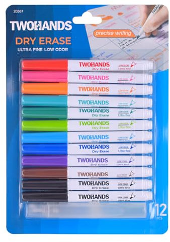 TWOHANDS Whiteboard-Stifte inkl. Whiteboard-Reiniger, 11 Farben, trocken abwischbar, ultra-feine Spitze, 12er-Set, 20567