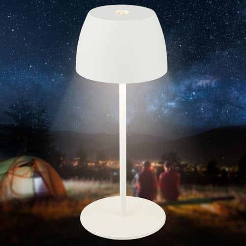 BRILONER - Mini LED Tischlampe kabellos IP44 mit Touch, stufenlos dimmbar, Akku & Lichtquelle tauschbar, Nachttischlampe, Dekolampe, LED Lampe, Akku Tischleuchte, 8x20 cm (DxH), Weiß