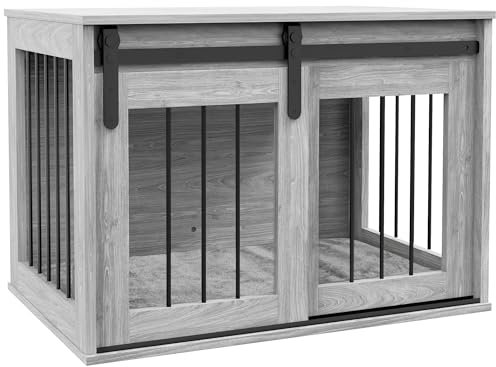 PawHut Dog Crate Furniture, Large Dog Cage with Barn Door for Medium Breeds, End Side Table Pet Kennel with Removable Cushion for Indoor Use, 80 x 54 x 57cm, Grey