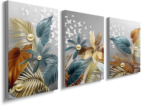 3 Panels Framed Canvas Wall Art Plants Blue Gold White Flower Pictures Printing Painting Poster Canvas Prints Wall Decor for Bedroom Living Room Bathroom Office Ready to Hang 30x40cmx3Pcs, YH1104