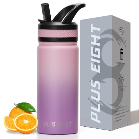 pluseight Insulated Water Bottle 600ml(20oz) Insulated Water Bottle With Straw and Lid for Sports, Gym or Office Stainless Steel Metal Drink Thermos Flask (Pink Purple)