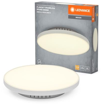 LEDVANCE Planon Frameless Round rahmenlose Panelleuchte in Weiß mit fortschrittlicher LED-Technik, 19 W, runde Form (300 mm Durchmesser), warmweiße Lichtfarbe bei 3000 K, Aluminium-Gehäuse