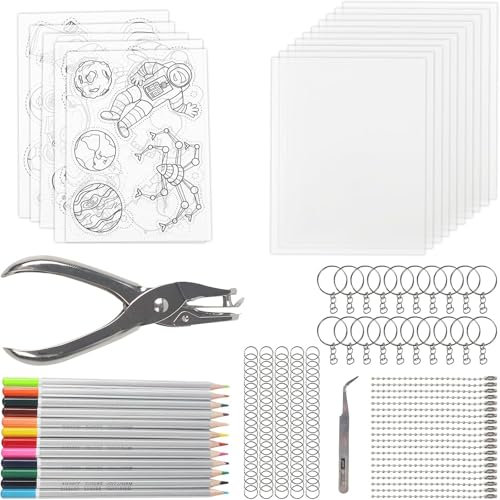 NVGVUP 169 Stück Schrumpffolie Set, Schlüsselanhänger Lesezeichen Basteln, Schrumpffolie Bedruckbar DIY Set, Shrink Plastic Schlüsselanhänger Basteln Kinder, mit Kugelkette Bleistifte Locher