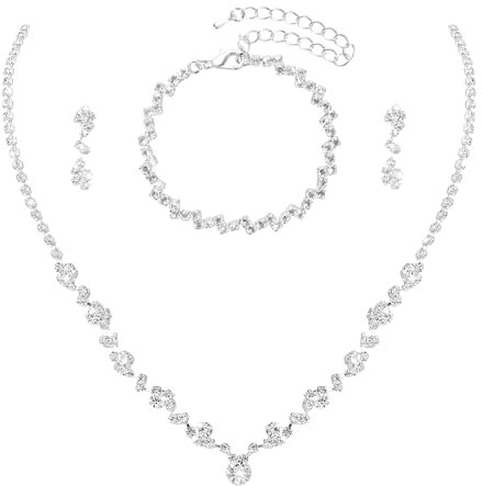 Lusofie Silber Schmuck Set Für Frauen Brautschmuck Collier Damen Schmucksets Hochzeitsschmuck Halskette Tropfen Ohrringe Strass Glieder Armband Für Brautjungfer Braut Hochzeit Party Abschlussball