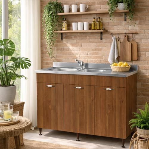 Linea Azzurra Sottolavello 120 con Lavello e Miscelatore Cucina con 3 Ante in Legno Made in Italy H85xL120xP50 cm Facile da Montare (Vasca a Sinistra, Noce Antico)
