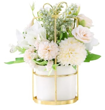Artificial Flowers in Vase Silk Flowers,Pink Peony Artificial Flowers,Bathroom Decorations,Ceramic Flower Pot Metal Frame Decoration Wedding Table Decoration Birthday Table Decorations (White, 8)