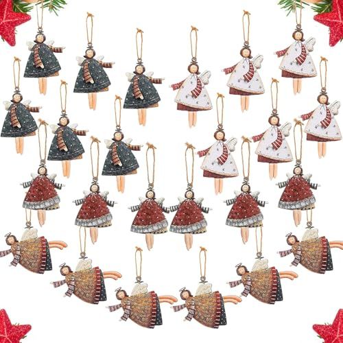 24 Stück Holz Weihnachtsengel Anhänger, Doppelseitig Gemustert Christbaumschmuck mit Bindeschnur - Für Weihnachten Anhänger Dekoration an Fenster & Weihnachtsbaum (Set-A)