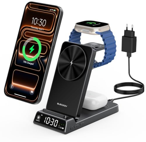 Cargador inalámbrico para Apple, estación de Carga magnética 3 en 1 con Reloj, Soporte de Carga inalámbrico de Viaje Plegable para iPhone 17e/17 Pro/16/15, Cargador de Reloj para iWatch 10 (Negro)