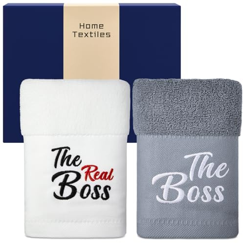 Otuuz Handtücher Beste Mama Papa, Der Boss & Der Wahre Boss, Weiß Grau | 2 Stück, 35 x 70 cm, Handtuch, Baumwolle, Bestickte Tuch, Geschenk für Weihnachten, Muttertag, Vatertag, Geburtstag, Eltern