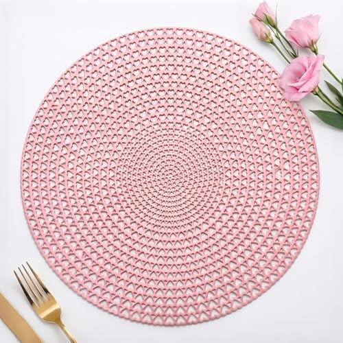 FAVE 6er Set Rosa Runde Platzset, Herzförmiges Hohlmusterdesign(38 cm) | Hitzebeständig, leicht zu reinigen, elegantes Tischdeko, Platzsets Abwaschbar für Events, Zuhause & tägl. Gebrauch