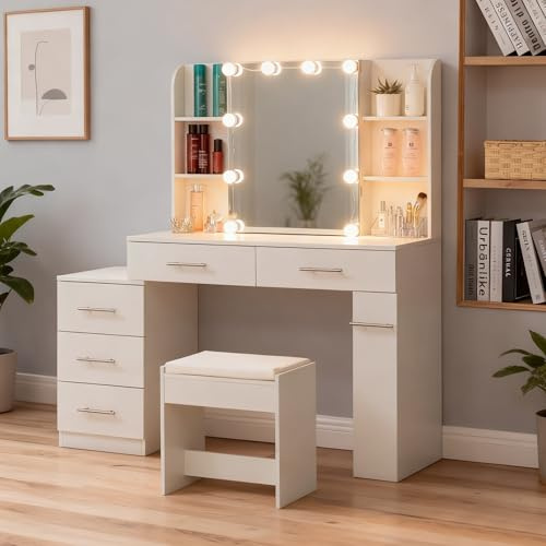 muenfly Schminktisch mit LED Beleuchtung, großem Spiegel & Hocker – Moderner Kosmetiktisch – Frisiertisch mit Schubladen und geheimem Fach, 100x40.5x136 cm