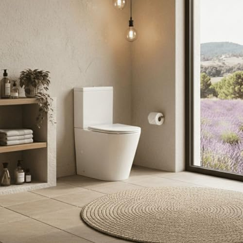 SOULHOME Pack Inodoro Rimless WC (BLANCO BRILLO) Pulsador color Gris Mate | Tapa Thermodur Amortiguada, Salida DUAL Horizontal/Vertical, Doble Descarga Eco, Conexión agua inferior Derecha/Izquierda.
