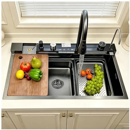 Juego de Fregadero Cocina Moderno 68x45cm, Fregadero en Cascada 1 Seno Grande, Fregadero de Acero Inoxidable Cepillado, Fregadero Cocina Multifuncional, Incluye Todos Los Accesorios