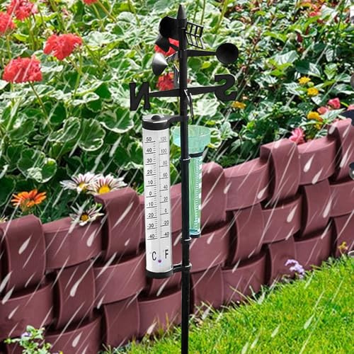 Latemeia Station météo sans Fil avec Support Rotatif 55'' Station météo Facile à Installer avec pluviomètre, thermomètre et girouette pour Mesure de Jardin, décor de pelouse