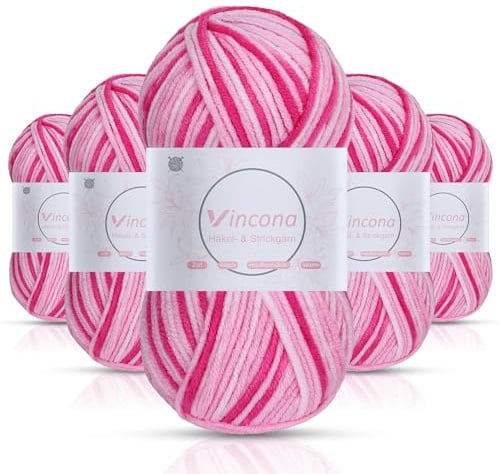 Vincona Häkelgarn，5x50 g Wolle zum Häkeln，Bunt Farbverlauf Acrylgarn zum Häkeln，Wolle zum Häkeln und Stricken, Handstrickgarnsets Geeignet zum Stricken von Puppen, Pullovern, Schals, Mützen01
