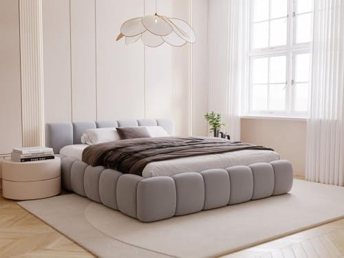 GRAINGOLD Cloud Low Bett, Polsterbett mit Bettkasten, Polsterbett mit Stauraum, Samt, mit Lattenrost, mit Kopfteil, ohne Matratze (Grau, 140x200)
