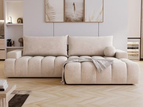 GRAINGOLD Havi Ecksofa 270x170 cm, L-Form Sofa, Ecksofa für Wohnzimmer, Veloursstoff, 4-Sitzer Eckcouch, Ecksofa mit Stauraum und Bettfunktion, Modernes Design (Hellbeige, Rechts)