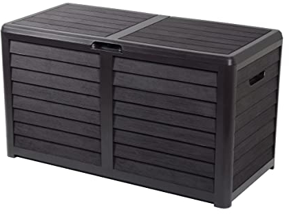 EDA - Malle de Jardin BAYA 420 L - Décor bois - Cadenassable - Poignées de Transport - Anti-étouffement - Anti-UV - Gris anthracite - 117,3 x 54,8 x 65,3 cm