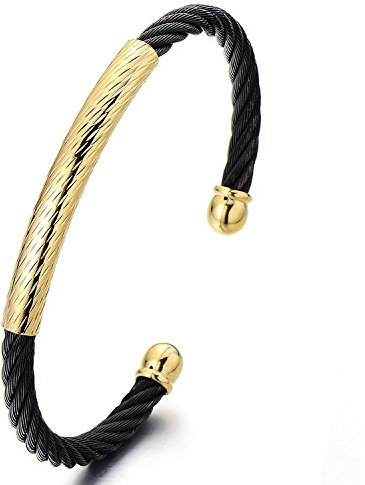 COOLSTEELANDBEYOND Elastische Verstellbare-Herren Damen Armband aus Edelstahl Verdrehten Stahlkabel Armreif Gold Schwarz Zwei Töne