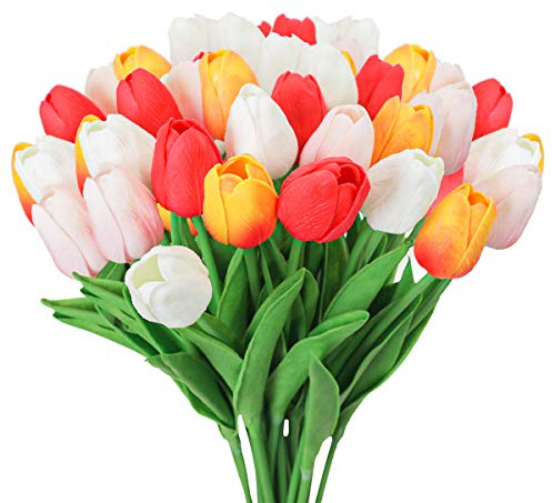 Tifuly 24 pcs Tulipes artificielles en Latex, réaliste Simple Tige Tulipe Faux Bouquets de Fleurs de mariée pour la Maison,Mariage,fête,décoration de Bureau, Arrangements Floraux (Mélanger Le Rouge)