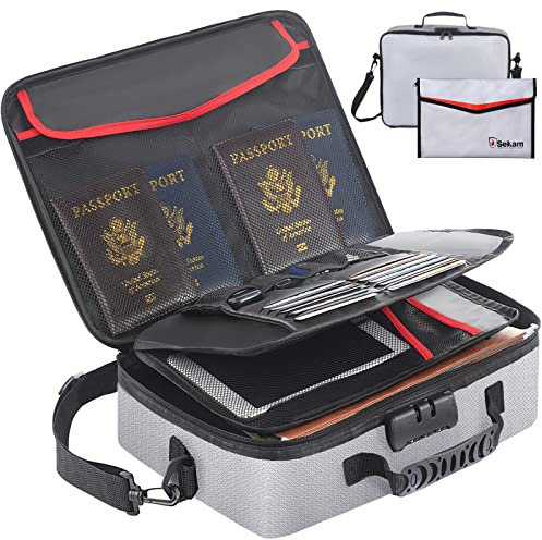 SEKAM Feuerfeste Dokumententasche (36.8 x 27.9 x 10.2 cm) mit feuerfester Geldtasche für Bargeld, feuerfeste Aktenaufbewahrungstasche mit Schloss und tragbarem Aktenordner, grau