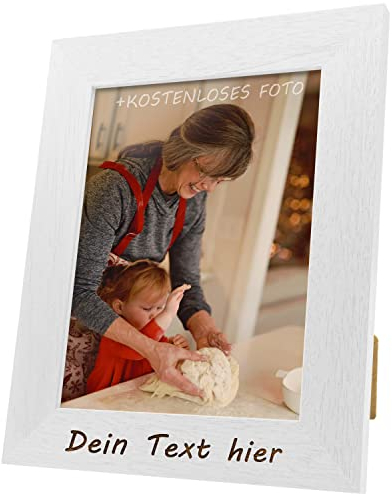 Chigabiga Bilderrahmen PERSONALISIERT mit deinem Text und Foto – Hergestellt aus Pinienholz – Wähle deine Farbe und Größe, füge deinen Text hinzu und lade dein Bild hoch. (A5, Weiß)