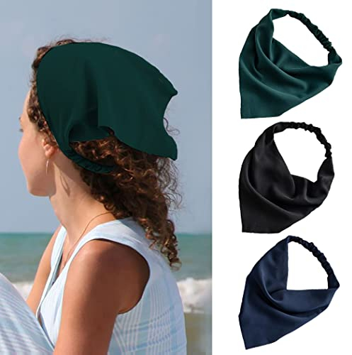 Zoestar Boho-Stirnbänder aus reinem Chiffon, Kopftuch, Haarbandana, breit, Turban-Haarschals, elastisches Haarband für Frauen und Mädchen, 3 Stück (dunkelgrün, schwarz, blau)