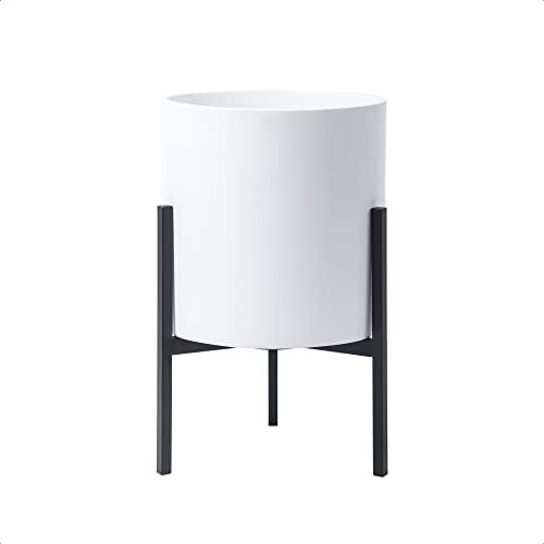 D'vine Dev Pot de fleurs mi-siècle en résine de fibre de verre avec support en fer, 20,3 cm, blanc mat, 96-A-1-S