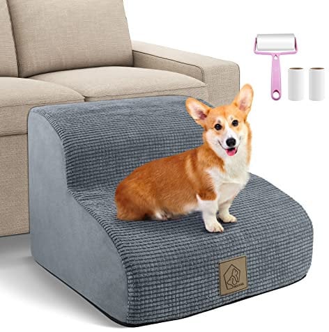 Dog Stairs for Small Dogs, 2 Steps Pet Ramp to Bed Sofa, Non-Slip Ladder for Old Injured Pets, Cat Ramp, Includes Lint Roller Set, Grey