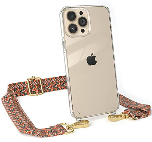 EAZY CASE Handykette - Verstellbarer Trageriemen kompatibel mit iPhone 13 Pro Max, Handytaschenband, Handykordel mit Phone Case, Ersatzgurt für Ketten, Orange/Grün - Haken Gold