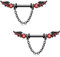 Melighting 14g Schwarz Kette Nippel Ringe Edelstahl Nipple Bars 14mm Nippel Barbells Piercing mit Roten Edelstein Flügeln Nippel Piercing Schmuck für Halloween, Edelstahl