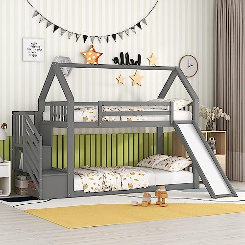 ZYLOYAL10 Lit superposé, avec escalier de rangement et toboggan, lit de maison, lit d'enfant, avec balustrade, convient aux enfants, adolescents, 90 x 200 cm, gris