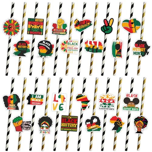 Black History Month Disposable Straw Decors Black History Holiday Cut-Outs Party Supplies - Celebrate Black History Holiday Drinking Party Favors - Pan African Party Decorations-Set of 24Counts