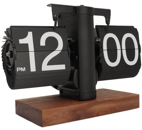 Mechanical Retro Style Flip Clock - Battery Powered Internal Gear Operated, Vintage Auto Digital Table Clock for Home Office Decoration (Black)