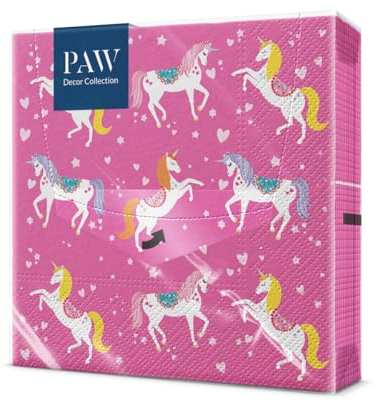 PAW - Servietten 3-lagig (33 x 33 cm) I 20 Stück I Perfekt für Partys, Geburtstage, Feiern I Kinderparty Tischdeko - Bunte Papierservietten mit Motiv - Einhörner Rosa I Unicorn Flower Head