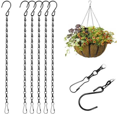 6 Stück Blumenampel Ketten Metallkette für Hängepflanztopf Stahl Kette mit S Haken Karabiner Ersetztbar Schwarz Aufhängekette für Hängepflanze, Blumentöpfe Vögel Laternen Billboard Innen Außen