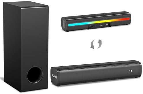 Wohome Barre de son avec caisson de basses filaire pour Smart TV, 2.1 CH pour petite barre de son TV avec rétroéclairage coloré, prise en charge Bluetooth 5.3/optique/AUX, S100 (noir)