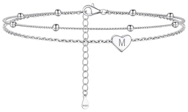 PROSILVER Fußkettchen für Damen, Herz mit Initiale aus Sterling-Silber 925, Fußkette, doppelschichtig, verstellbar, 22 + 5 cm