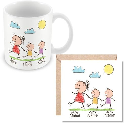 MUGGZ Personalised - Mummy Mug & Card with 2 Kids - Personalise with Names - Gift for Mums - Giftset - Made in The UK