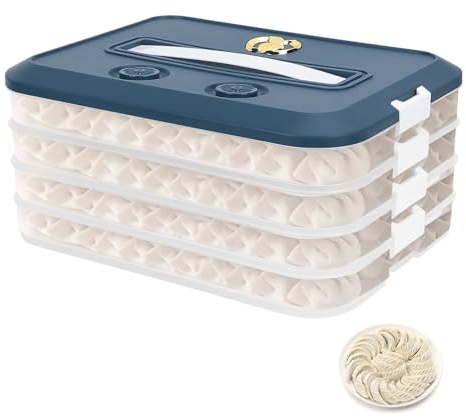 Yallmie 4 Layer Dumpling Organizer with Lid And Handle Freezer Storage Boxes, Cookie Storage Container with 2 Timer Fridge Food Organisers for Vegetable Meat Fish Food(Blue)