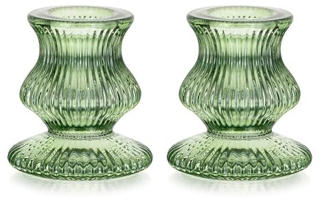 Romadedi Kerzenhalter aus Glas für Kerzenständer – 2 Stück, grün, gerippt, konisch, Dekoration für Tisch, Tafelaufsatz, Weihnachten, Party, Wohnzimmer, Abendessen, Advent