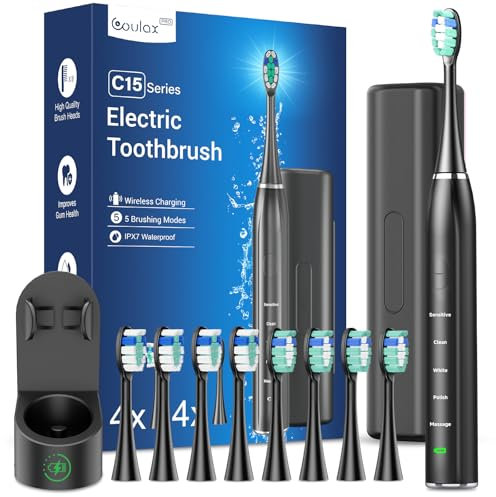 Elektrische Zahnbürste - Schallzahnbürste für Erwachsene mit Wandhalterung Ladestation und 8 Bürstenköpfen, Electric Toothbrush mit 5 Modi, 40000VPM, Reiseetui, Bürstentimer